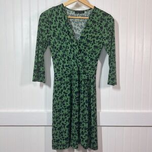 HAIL3Y:23 Dress Green Floral Skater Glam Faux Wrap 3/4 Sleeve V-Neck Stretch S